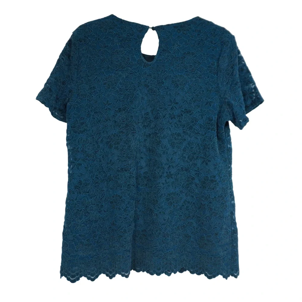Teddi Rose Lace Top Sz L Floral Lined Crew Neck Short Sleeve Scalloped Hem EUC - Picture 2 of 7